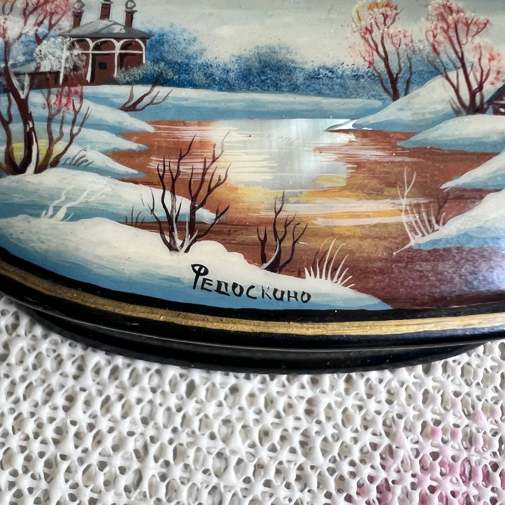Fedoskino Russian Lacquer Box Winter Evening Hand Painted Landscape 2004 Signed - Picture 5 of 5